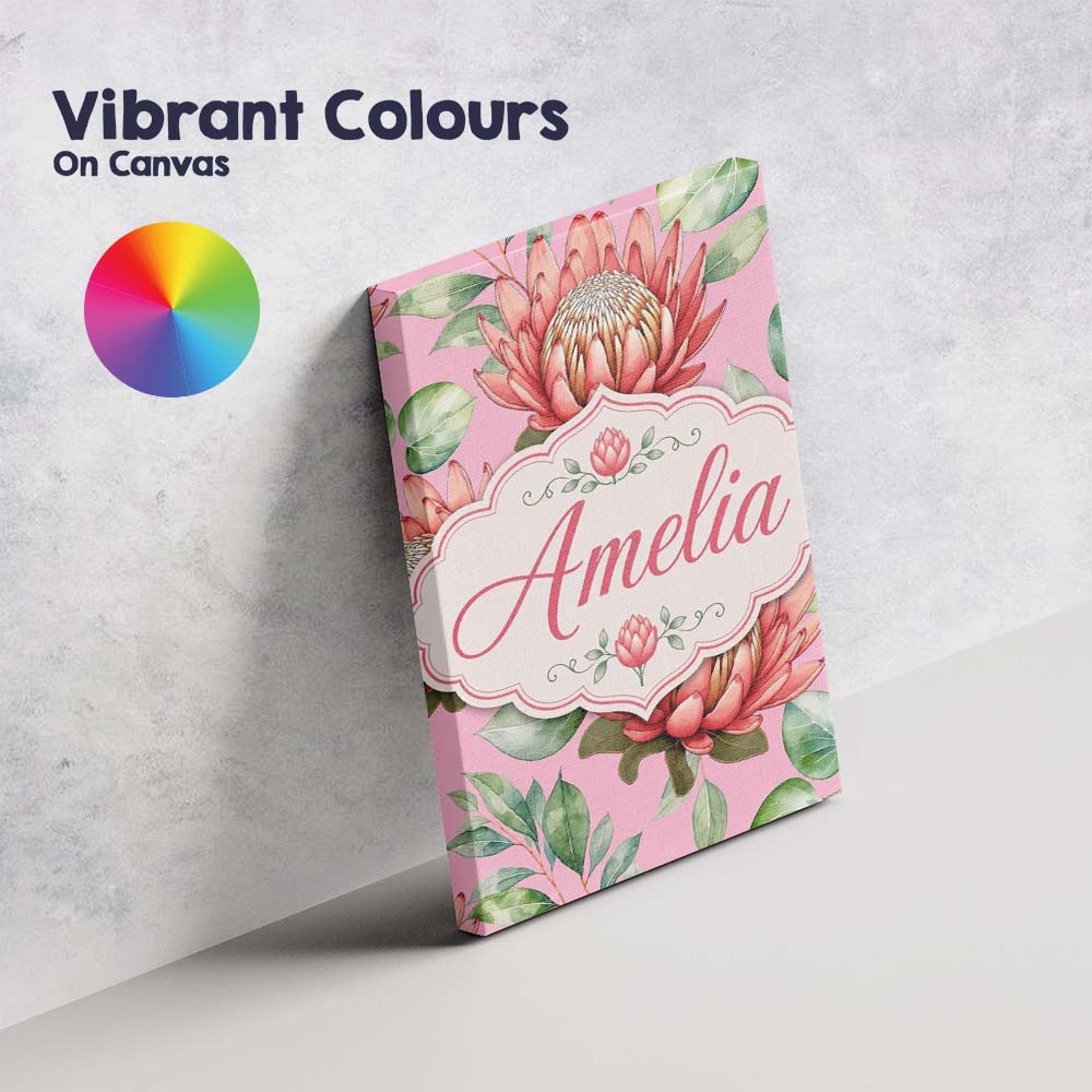 Personalised Name Coral Protea Flowers on Custom  Unique Gift Idea Elegant Feature Canvas Wall Art Print Decor Picture Ready to Hang