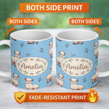 Personalized Custom Name Cute Alpaca Llama Pattern with Floral Sprigs on Bright Blue Lovely 11oz Ceramic Coffee Tea Mug White Large Handle