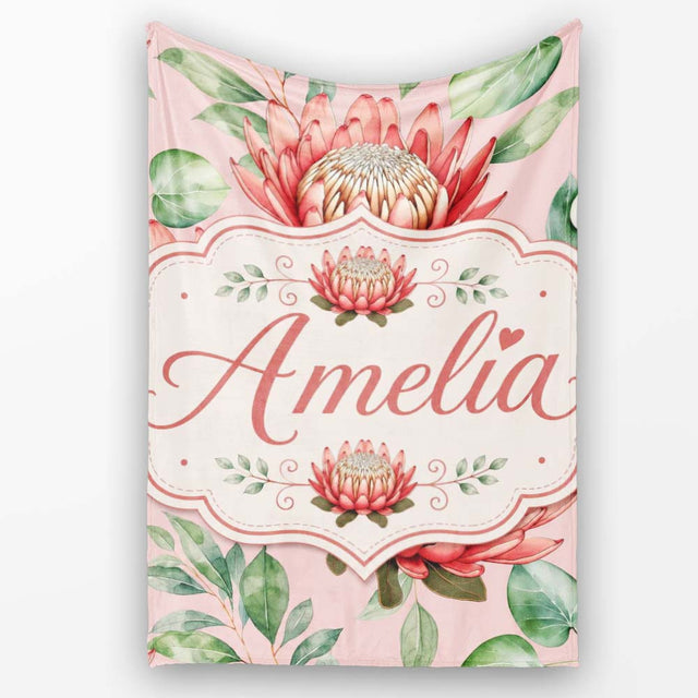 Coral Protea Flowers on Warm Nude Background Seamless Botanical  Personalised Custom Name Super Soft Fleece Blanket Bed Sofa Throw