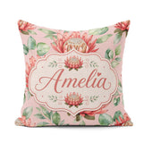 Custom Name Coral Protea Flowers on Warm Nude Seamless Botanical Square Filled Cushion Throw Pillow Sofa Bed Home Decor Zip Washable UK Made