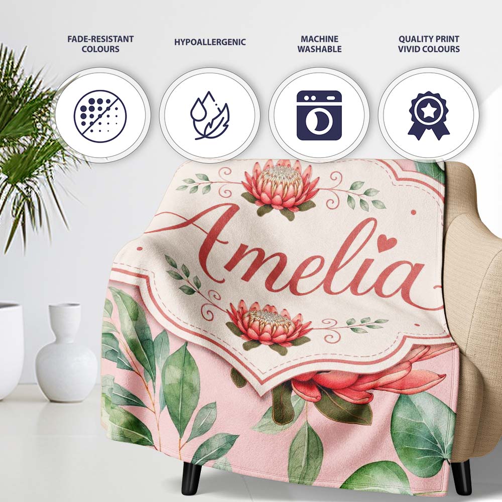 Coral Protea Flowers on Warm Nude Background Seamless Botanical  Personalised Custom Name Super Soft Fleece Blanket Bed Sofa Throw