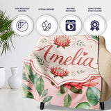 Coral Protea Flowers on Warm Nude Background Seamless Botanical  Personalised Custom Name Super Soft Fleece Blanket Bed Sofa Throw