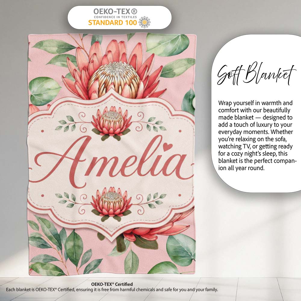 Coral Protea Flowers on Warm Nude Background Seamless Botanical  Personalised Custom Name Super Soft Fleece Blanket Bed Sofa Throw