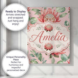 Personalised Name Coral Protea Flowers on Custom  Unique Gift Idea Elegant Feature Canvas Wall Art Print Decor Picture Ready to Hang