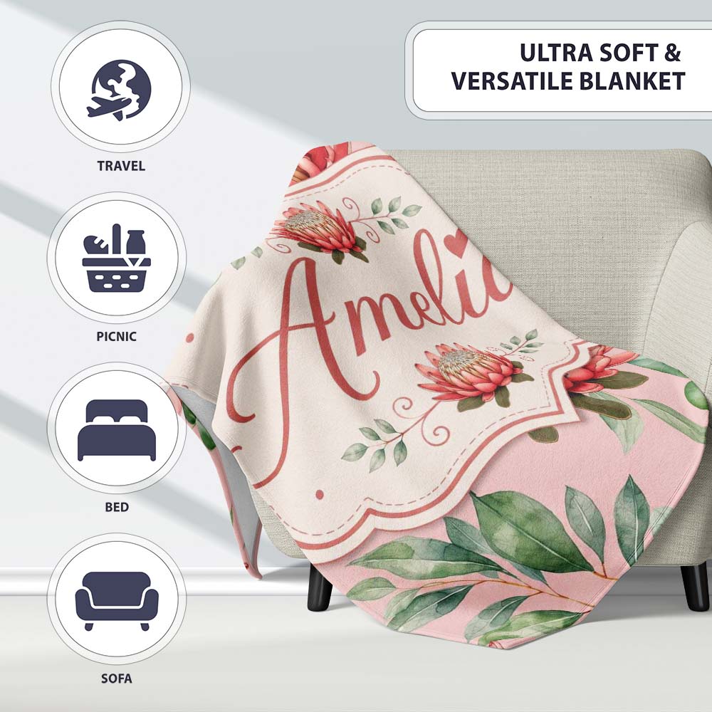 Coral Protea Flowers on Warm Nude Background Seamless Botanical  Personalised Custom Name Super Soft Fleece Blanket Bed Sofa Throw