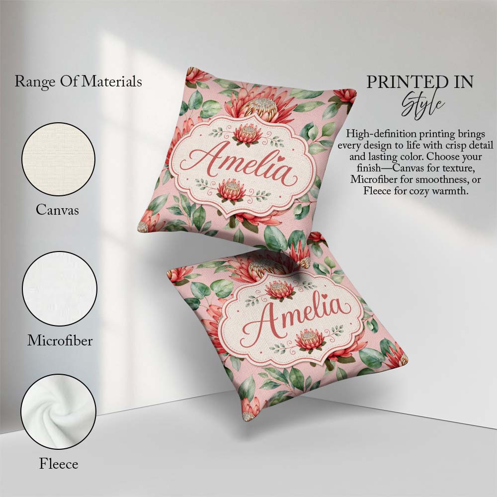 Custom Name Coral Protea Flowers on Warm Nude Seamless Botanical Square Filled Cushion Throw Pillow Sofa Bed Home Decor Zip Washable UK Made