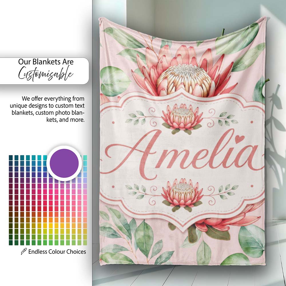 Coral Protea Flowers on Warm Nude Background Seamless Botanical  Personalised Custom Name Super Soft Fleece Blanket Bed Sofa Throw
