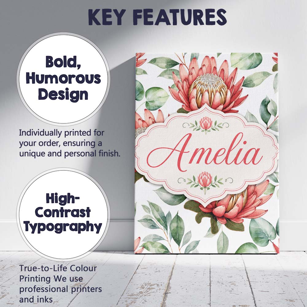 Personalised Name Coral Protea Flowers on Custom  Unique Gift Idea Elegant Feature Canvas Wall Art Print Decor Picture Ready to Hang