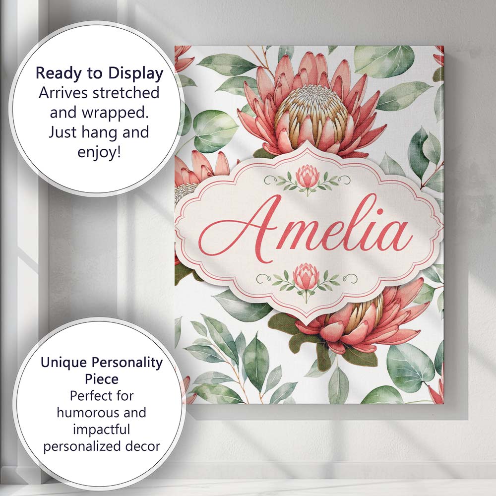 Personalised Name Coral Protea Flowers on Custom  Unique Gift Idea Elegant Feature Canvas Wall Art Print Decor Picture Ready to Hang