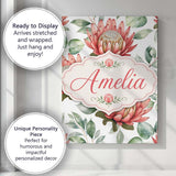 Personalised Name Coral Protea Flowers on Custom  Unique Gift Idea Elegant Feature Canvas Wall Art Print Decor Picture Ready to Hang