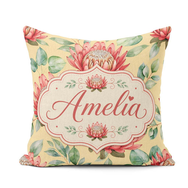 Custom Name Coral Protea Flowers Soft Yellow Background Seamless Square Filled Cushion Throw Pillow Sofa Bed Home Decor Zip Washable UK Made