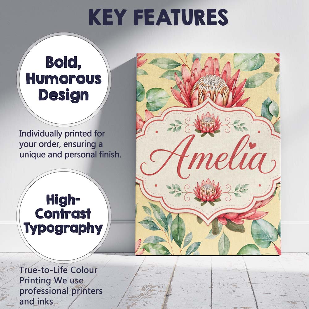 Personalised Name Coral Protea Flowers on Custom  Unique Gift Idea Elegant Feature Canvas Wall Art Print Decor Picture Ready to Hang