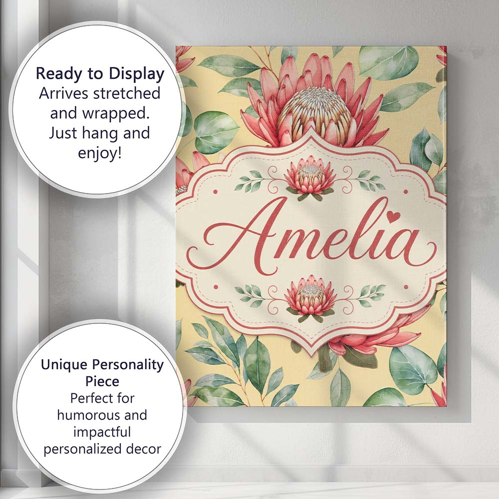 Personalised Name Coral Protea Flowers on Custom  Unique Gift Idea Elegant Feature Canvas Wall Art Print Decor Picture Ready to Hang