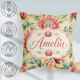 Custom Name Coral Protea Flowers Soft Yellow Background Seamless Square Filled Cushion Throw Pillow Sofa Bed Home Decor Zip Washable UK Made