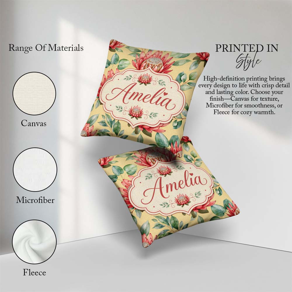 Custom Name Coral Protea Flowers Soft Yellow Background Seamless Square Filled Cushion Throw Pillow Sofa Bed Home Decor Zip Washable UK Made