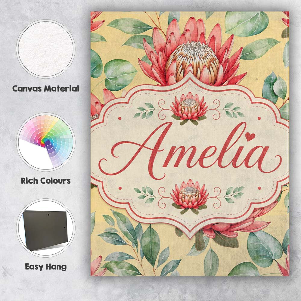 Personalised Name Coral Protea Flowers on Custom  Unique Gift Idea Elegant Feature Canvas Wall Art Print Decor Picture Ready to Hang