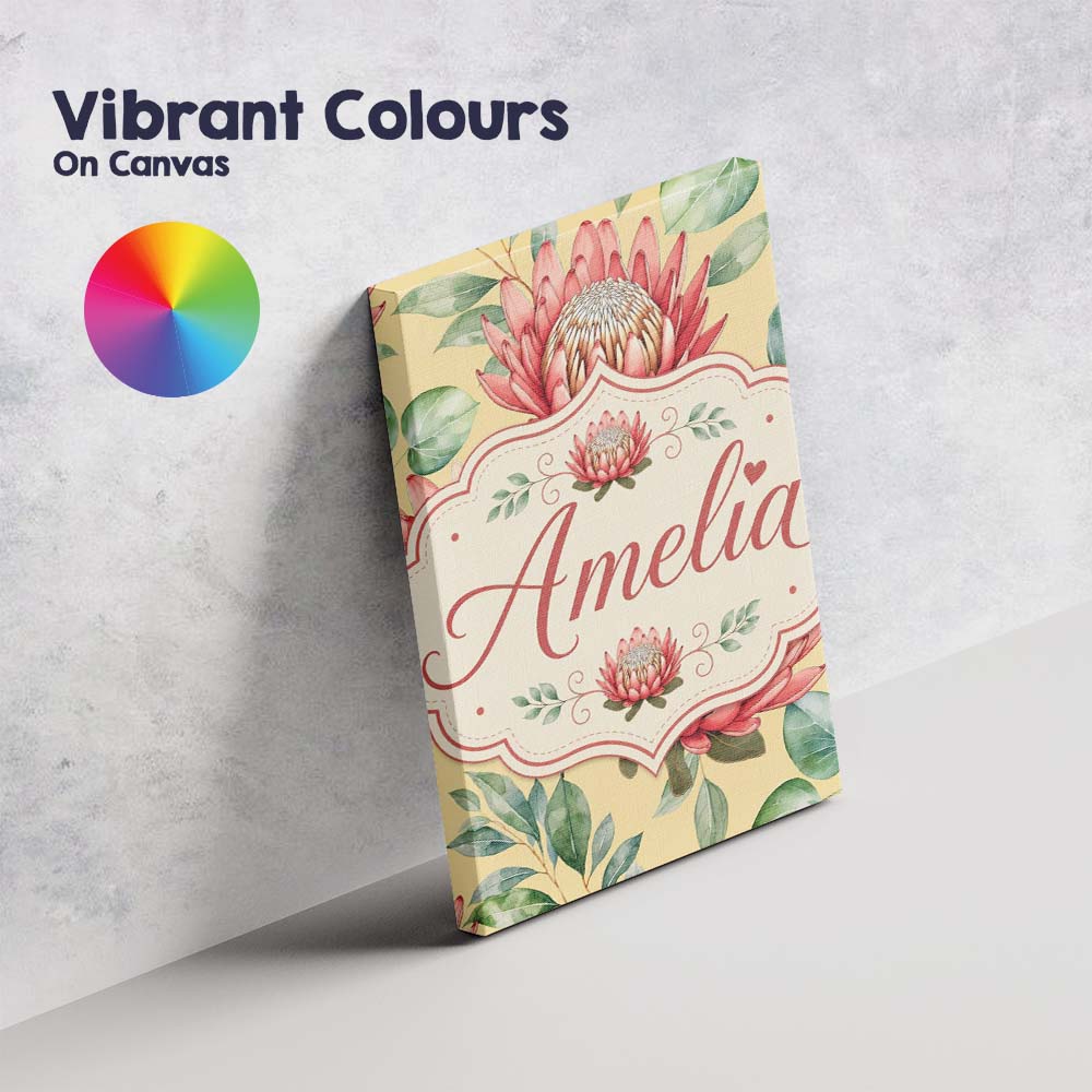 Personalised Name Coral Protea Flowers on Custom  Unique Gift Idea Elegant Feature Canvas Wall Art Print Decor Picture Ready to Hang