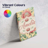 Personalised Name Coral Protea Flowers on Custom  Unique Gift Idea Elegant Feature Canvas Wall Art Print Decor Picture Ready to Hang