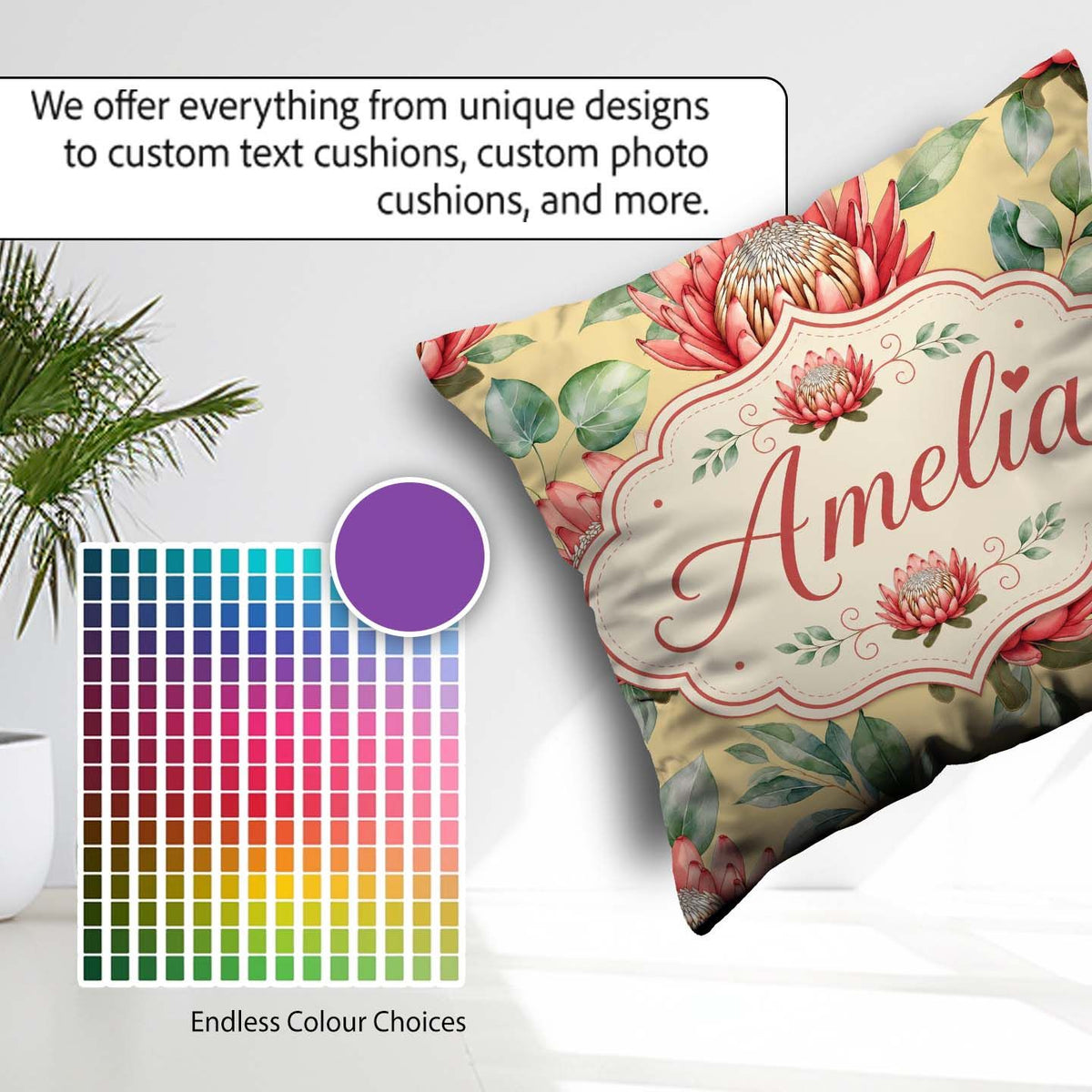 Custom Name Coral Protea Flowers Soft Yellow Background Seamless Square Filled Cushion Throw Pillow Sofa Bed Home Decor Zip Washable UK Made