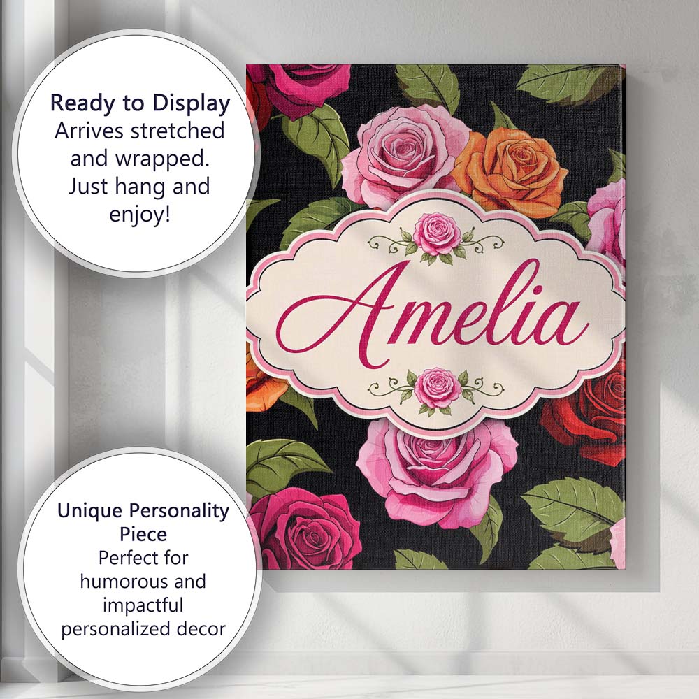 Personalised Name Colorful Roses on Black Custom  Unique Gift Idea Elegant Feature Canvas Wall Art Print Decor Picture Ready to Hang