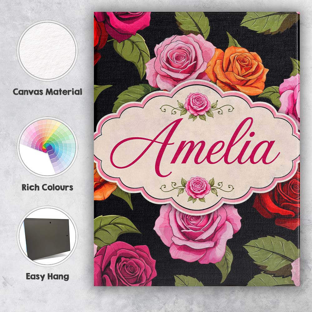 Personalised Name Colorful Roses on Black Custom  Unique Gift Idea Elegant Feature Canvas Wall Art Print Decor Picture Ready to Hang