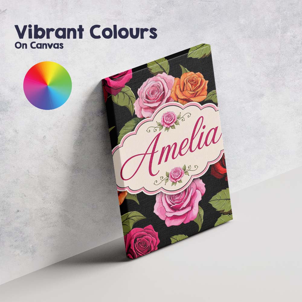 Personalised Name Colorful Roses on Black Custom  Unique Gift Idea Elegant Feature Canvas Wall Art Print Decor Picture Ready to Hang