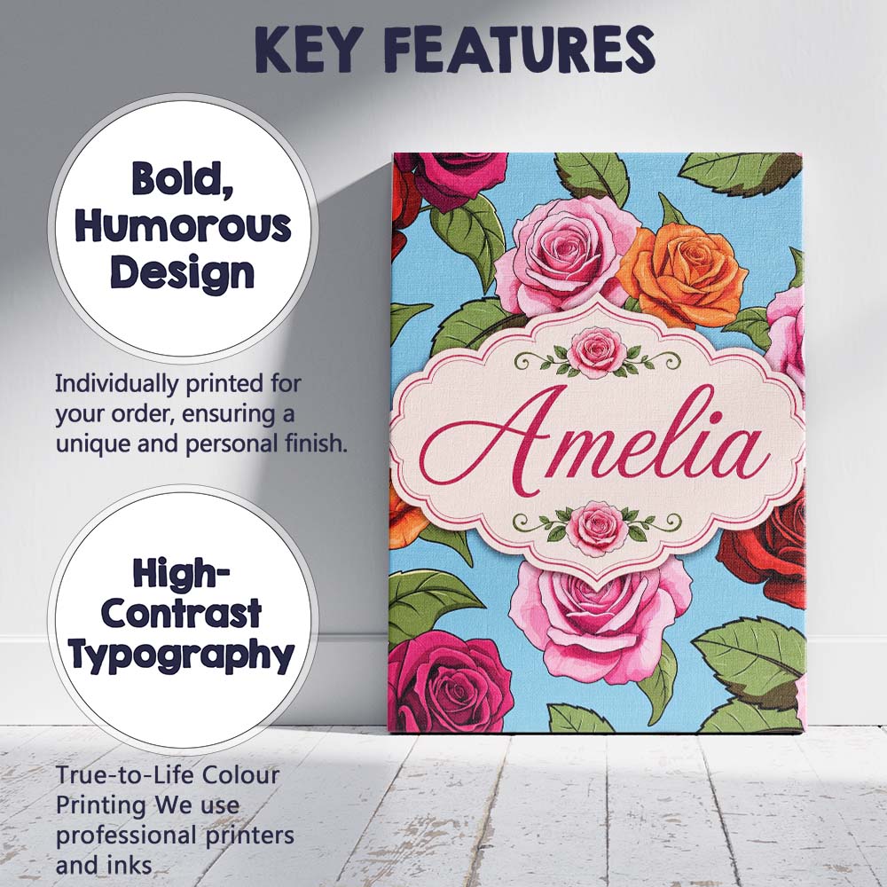 Personalised Name Colorful Roses on Sky Custom  Modern Room Accent Elegant Feature Canvas Wall Art Print Decor Picture Ready to Hang