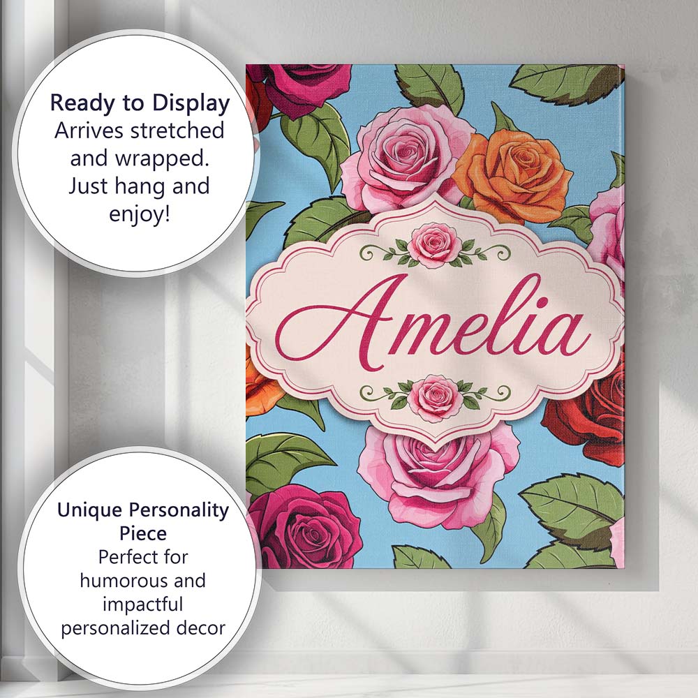 Personalised Name Colorful Roses on Sky Custom  Modern Room Accent Elegant Feature Canvas Wall Art Print Decor Picture Ready to Hang