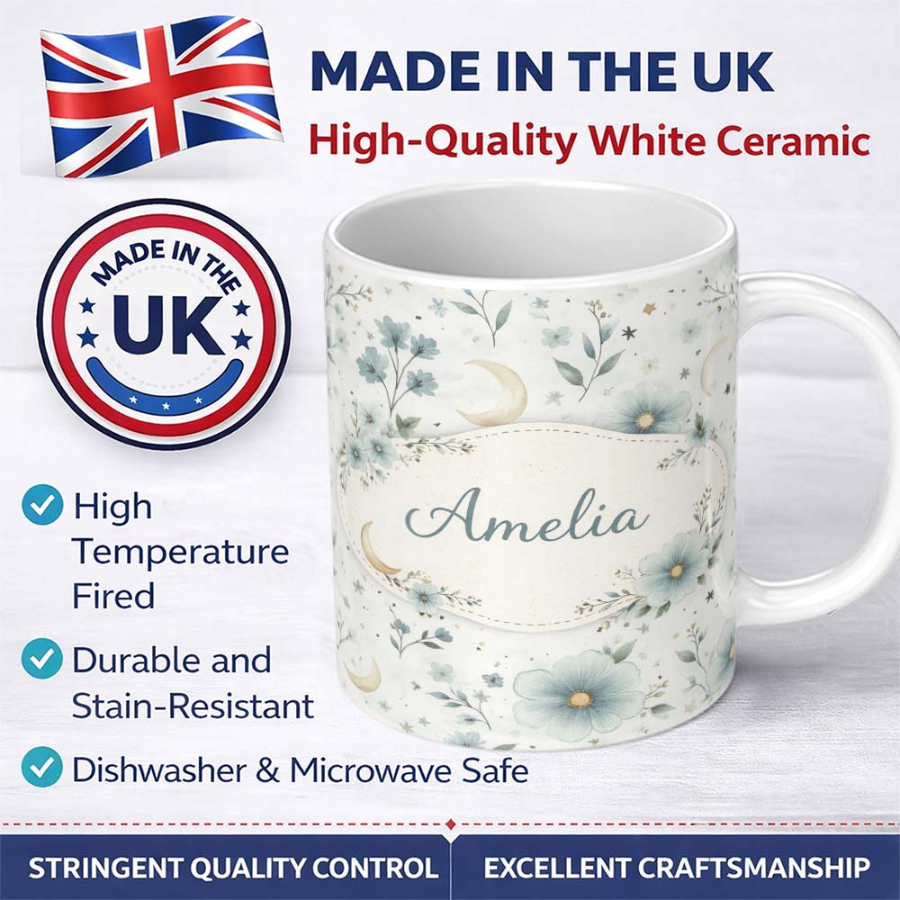 Personalized Custom Name Blue Floral Moon Seamless Pattern Beautiful Coffee Cup Lovely 11oz Ceramic Coffee Tea Mug White Large Handle