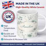 Personalized Custom Name Blue Floral Moon Seamless Pattern Beautiful Coffee Cup Lovely 11oz Ceramic Coffee Tea Mug White Large Handle