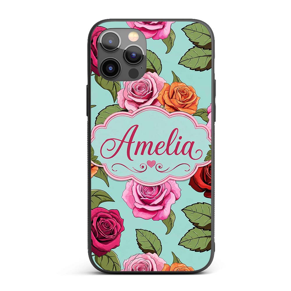 Colorful Roses on Soft Mint Background Seamless Custom Name Protective Phone Case Mobile Cover Durable Everyday Smartphone Shock Resistant