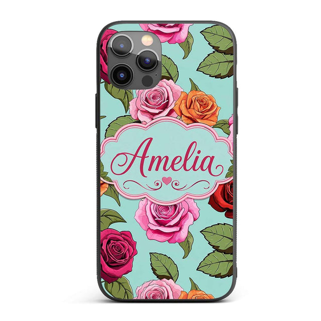 Colorful Roses on Soft Mint Background Seamless Custom Name Protective Phone Case Mobile Cover Durable Everyday Smartphone Shock Resistant