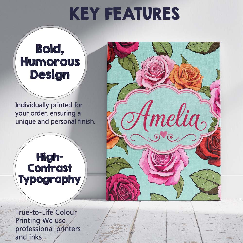 Personalised Name Colorful Roses on Soft Custom  Unique Gift Idea Elegant Feature Canvas Wall Art Print Decor Picture Ready to Hang
