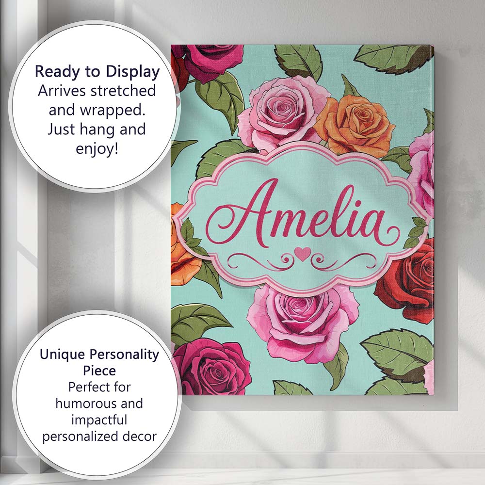 Personalised Name Colorful Roses on Soft Custom  Unique Gift Idea Elegant Feature Canvas Wall Art Print Decor Picture Ready to Hang