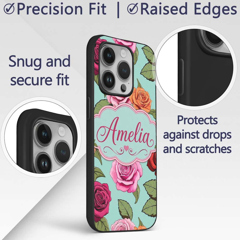 Colorful Roses on Soft Mint Background Seamless Custom Name Protective Phone Case Mobile Cover Durable Everyday Smartphone Shock Resistant