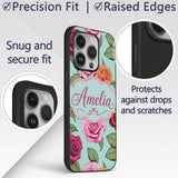 Colorful Roses on Soft Mint Background Seamless Custom Name Protective Phone Case Mobile Cover Durable Everyday Smartphone Shock Resistant
