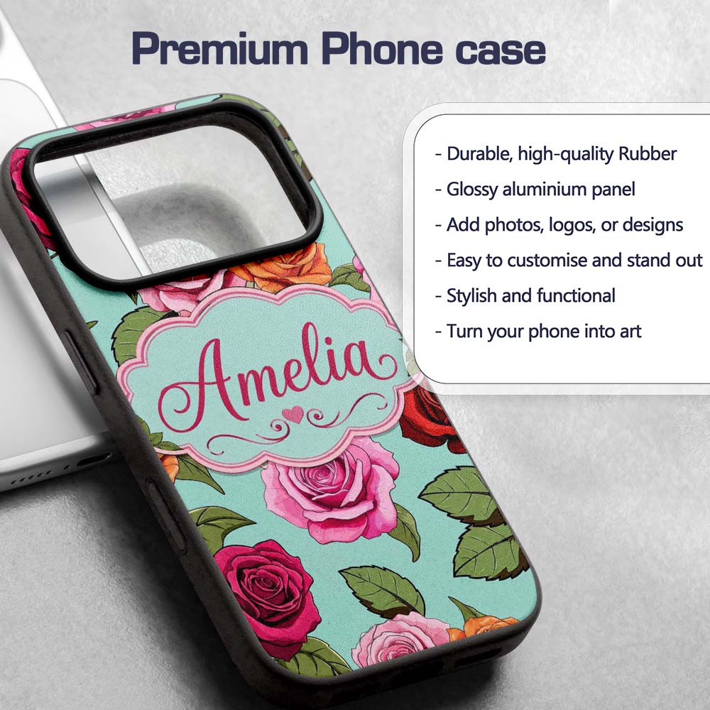 Colorful Roses on Soft Mint Background Seamless Custom Name Protective Phone Case Mobile Cover Durable Everyday Smartphone Shock Resistant