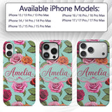 Colorful Roses on Soft Mint Background Seamless Custom Name Protective Phone Case Mobile Cover Durable Everyday Smartphone Shock Resistant