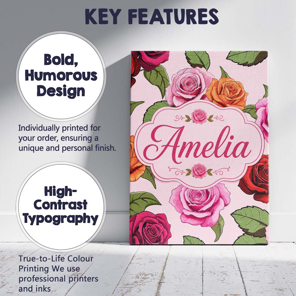 Personalised Name Colorful Roses on Blush Custom  Unique Gift Idea Elegant Feature Canvas Wall Art Print Decor Picture Ready to Hang