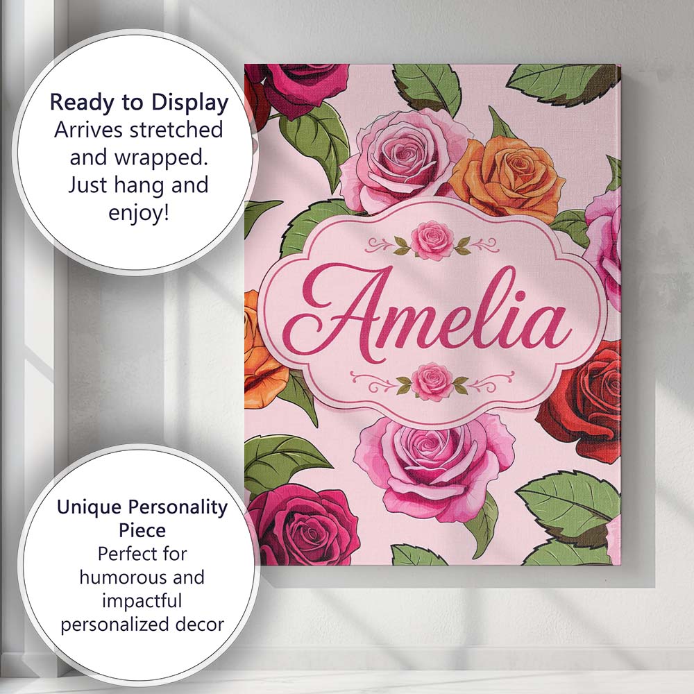 Personalised Name Colorful Roses on Blush Custom  Unique Gift Idea Elegant Feature Canvas Wall Art Print Decor Picture Ready to Hang