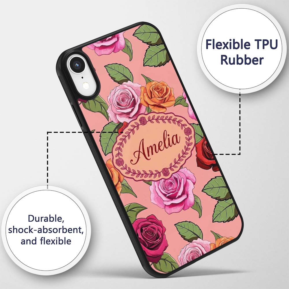 Colorful Roses on Coral Pink Background Seamless Custom Name Protective Phone Case Mobile Cover Durable Everyday Smartphone Shock Resistant