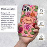 Colorful Roses on Coral Pink Background Seamless Custom Name Protective Phone Case Mobile Cover Durable Everyday Smartphone Shock Resistant