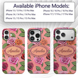 Colorful Roses on Coral Pink Background Seamless Custom Name Protective Phone Case Mobile Cover Durable Everyday Smartphone Shock Resistant