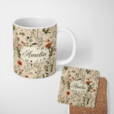 Personalized Custom Name Colorful Wildflower Meadow Botanical Seamless Pattern Lovely 11oz Ceramic Coffee Tea Mug White Large Handle