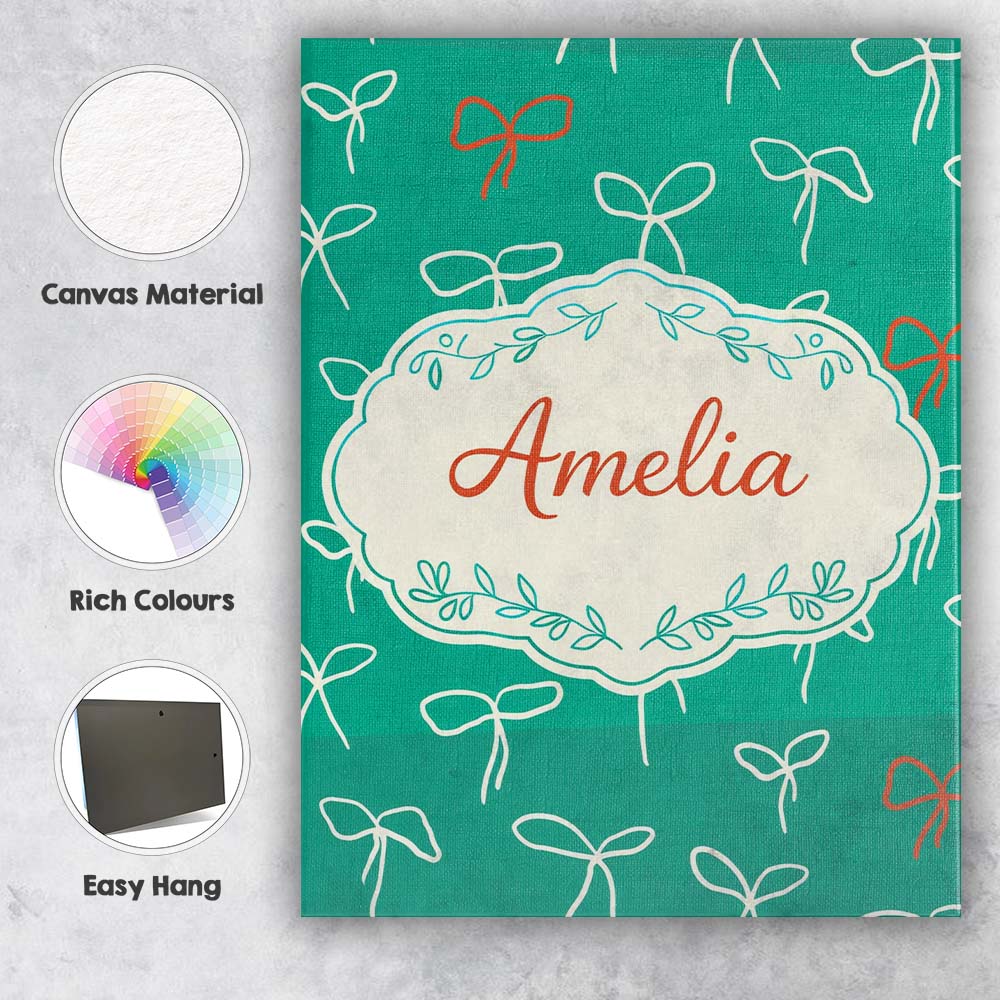 Personalised Name Minimal Bow Line Green Background Cute Seamless Custom Bespoke  Canvas Wall Art Print Decor Picture Ready to Hang