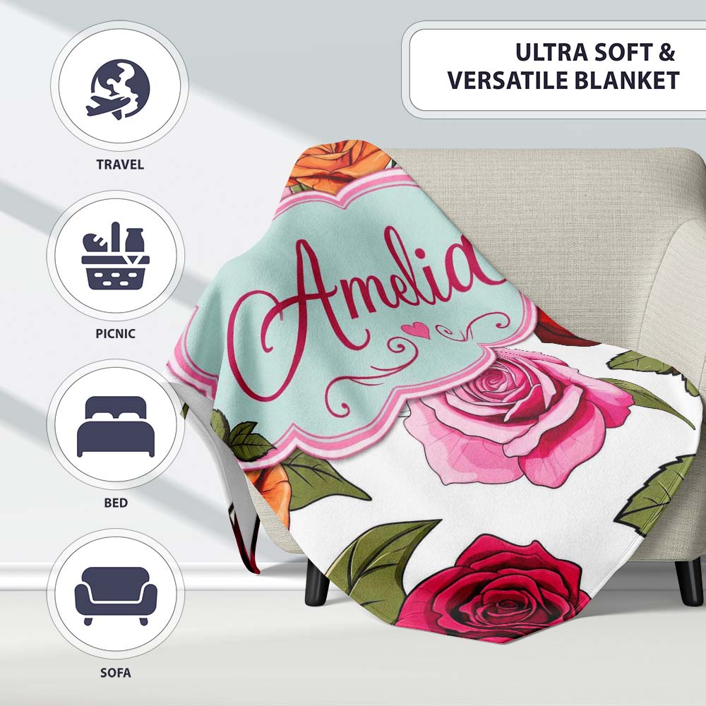 Colorful Roses on Light Grey Background Seamless Floral Pattern  Personalised Custom Name Super Soft Fleece Blanket Bed Sofa Throw