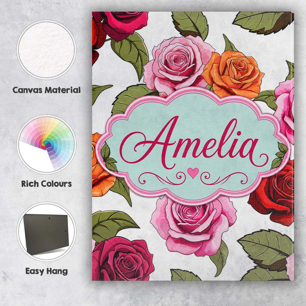 Personalised Name Colorful Roses on Light Custom  Unique Gift Idea Elegant Feature Canvas Wall Art Print Decor Picture Ready to Hang