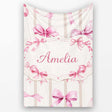 Watercolor Pink Ribbon Bow with Neutral Beige Stripes Background  Personalised Custom Name Super Soft Fleece Blanket Bed Sofa Throw