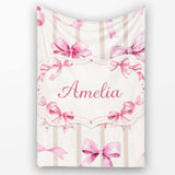 Watercolor Pink Ribbon Bow with Neutral Beige Stripes Background  Personalised Custom Name Super Soft Fleece Blanket Bed Sofa Throw