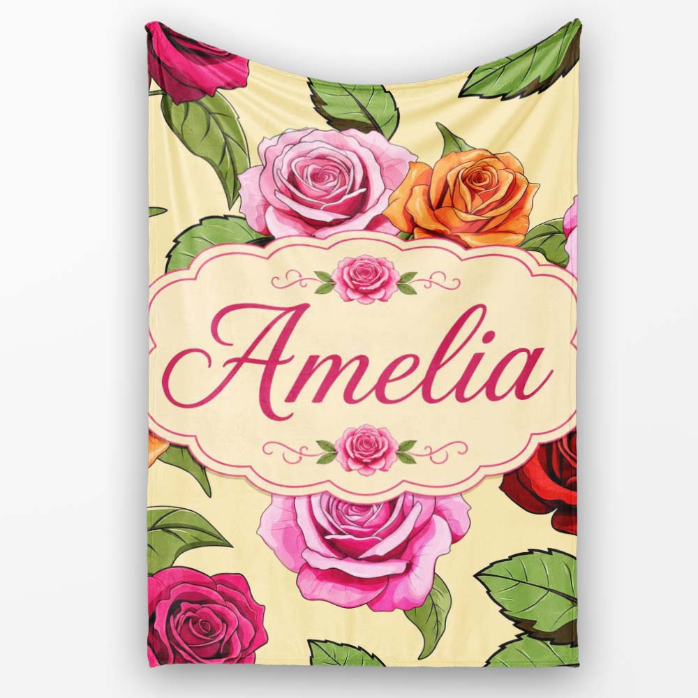 Colorful Roses on Warm Beige Background Seamless Floral Pattern  Personalised Custom Name Super Soft Fleece Blanket Bed Sofa Throw